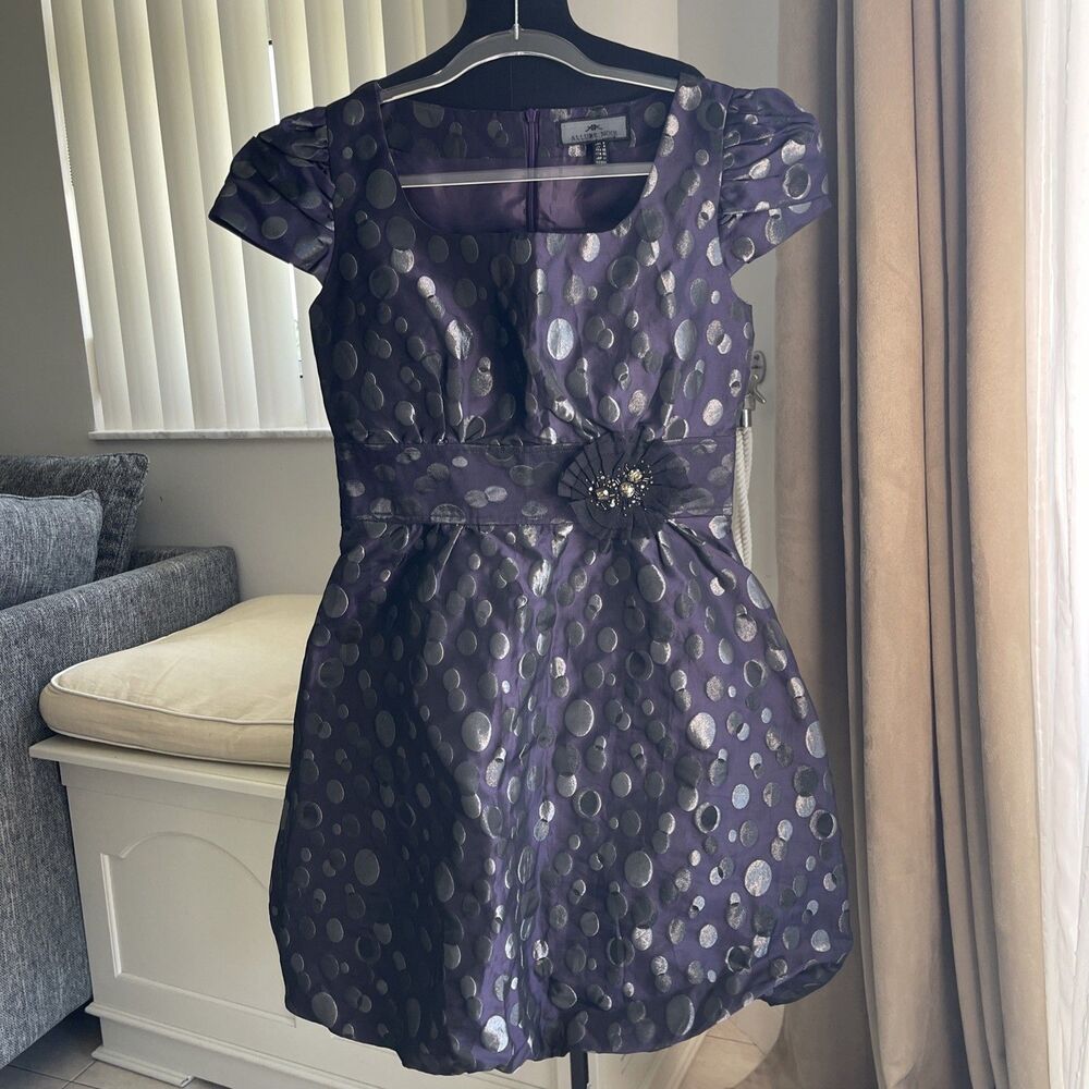 ALLURE NOIR Black Dots Purple Cap Sleeve Bubble Hem Cinched Waist dress 6